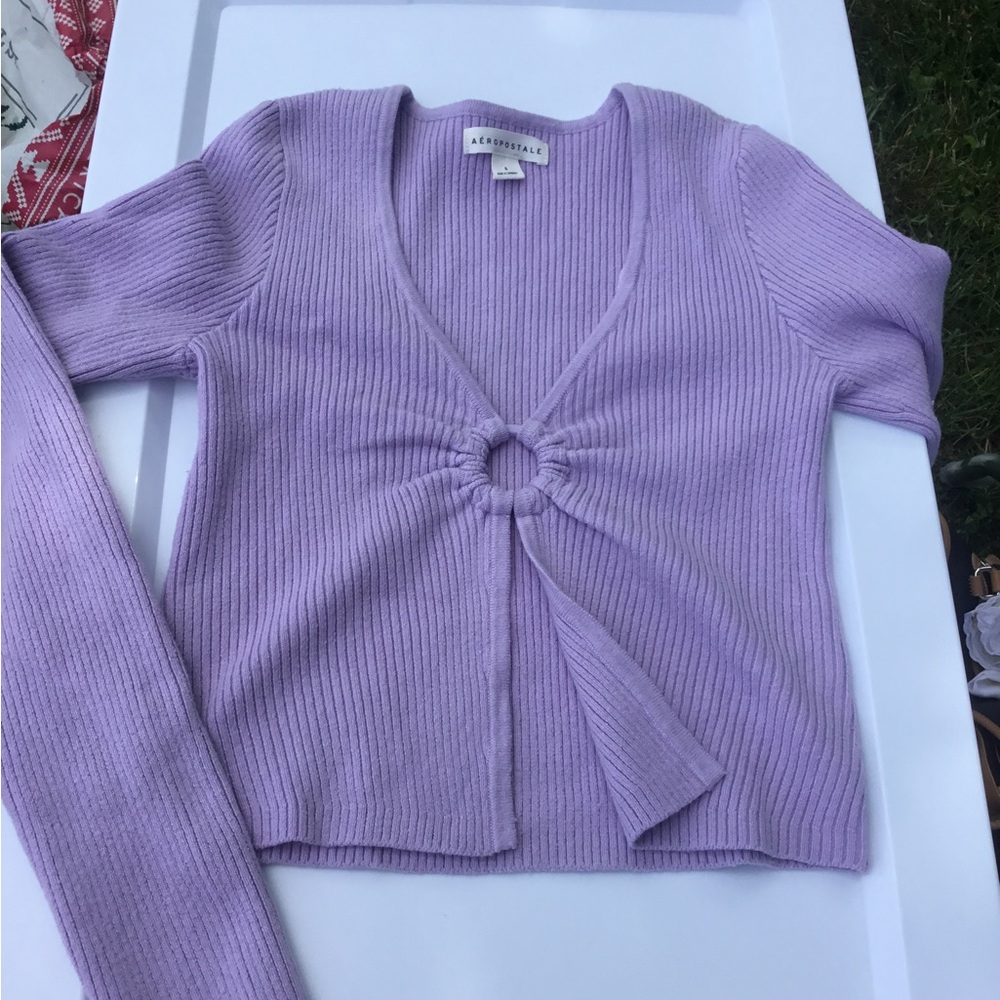 Aeropostale Lavender Ribbed Knit V-Neck Ring Crop Sweater Small